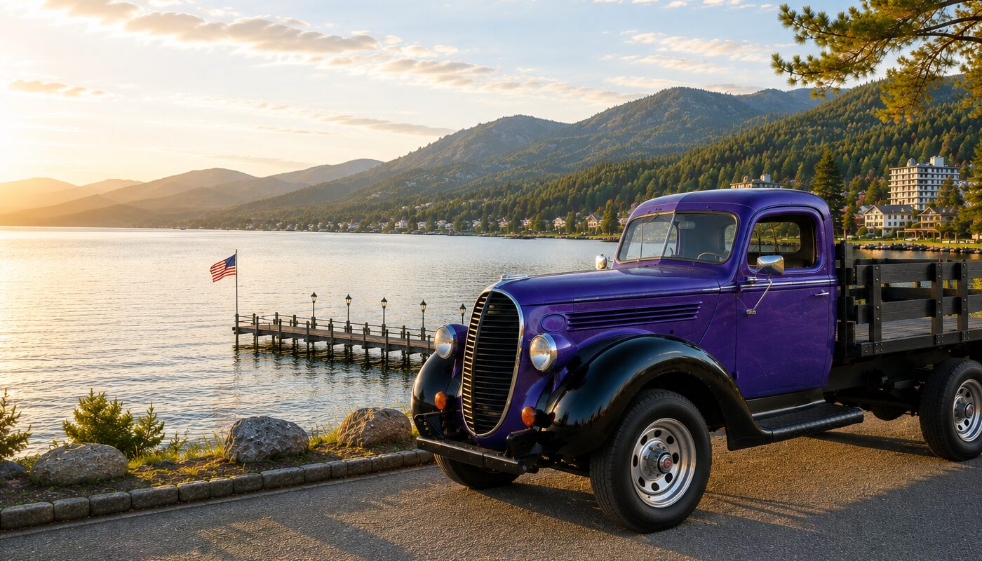 Vintage truck parked by an alpine lake in North Idaho